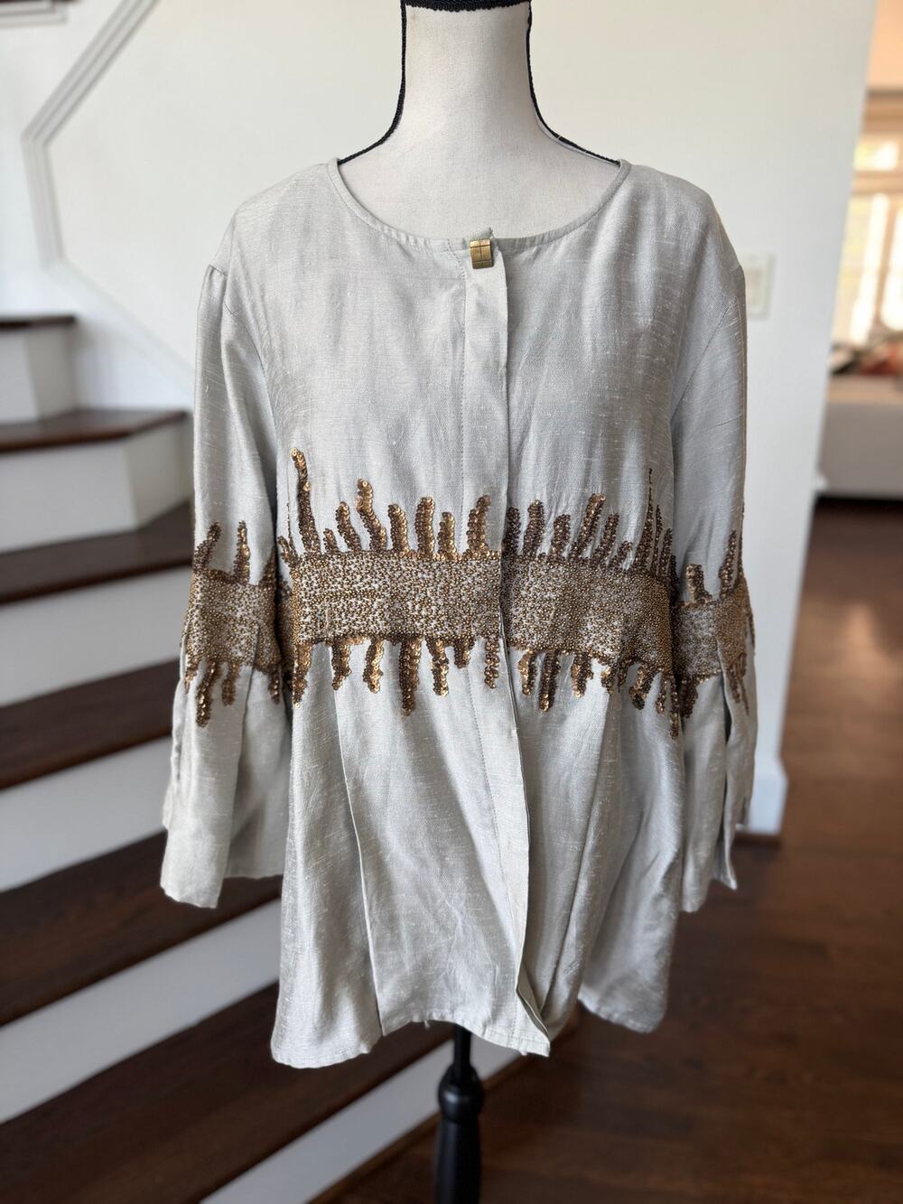 Silver Grey Bronze Beaded Sequin Abstract Boho Lagenlook Flutter Sleeve Jacket